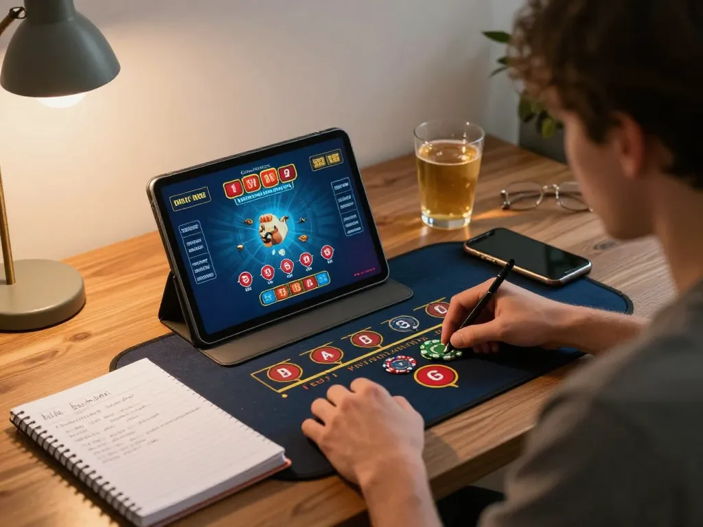 Player enjoying live dealer game on tablet while managing bankroll at home, showcasing 3win actor's gaming strategy.