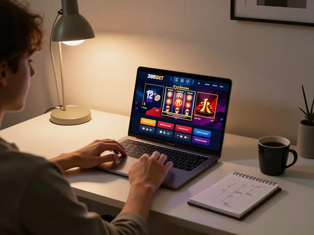 Enjoying a winning session on 388bet casino app at home with vibrant gaming graphics.
