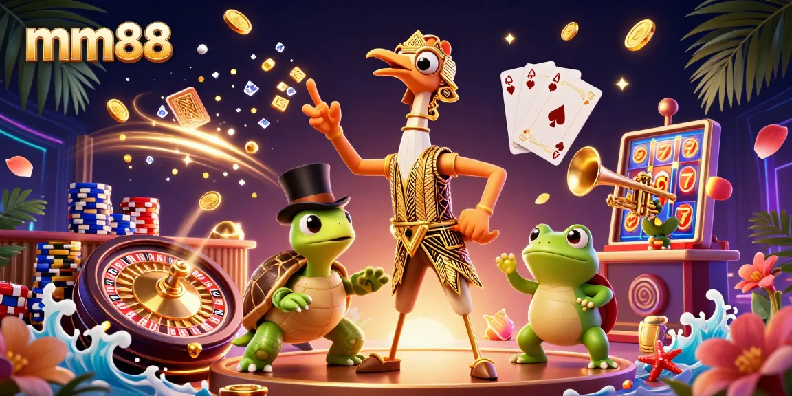 Play exciting games at mm88, featuring vibrant casino elements and fun characters.
