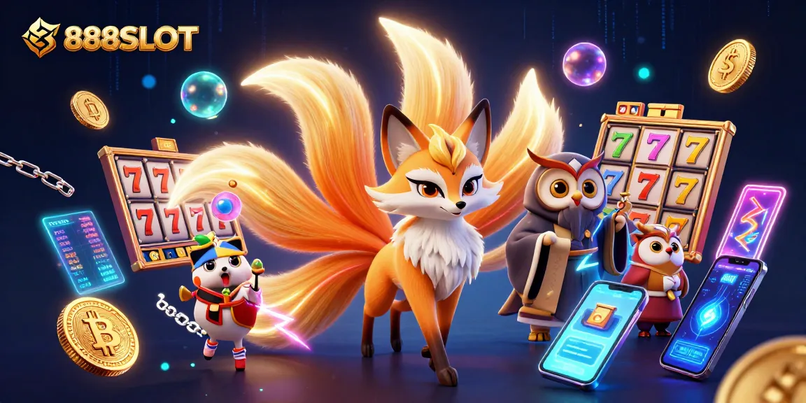 Experience thrilling action at 888SLOT with a magical nine-tailed fox spirit and glowing cryptocurrency elements.