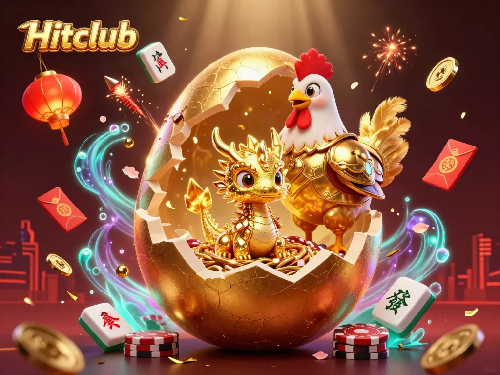 Experience the excitement of Hitclub with this vibrant illustration featuring a golden dragon and poker elements.