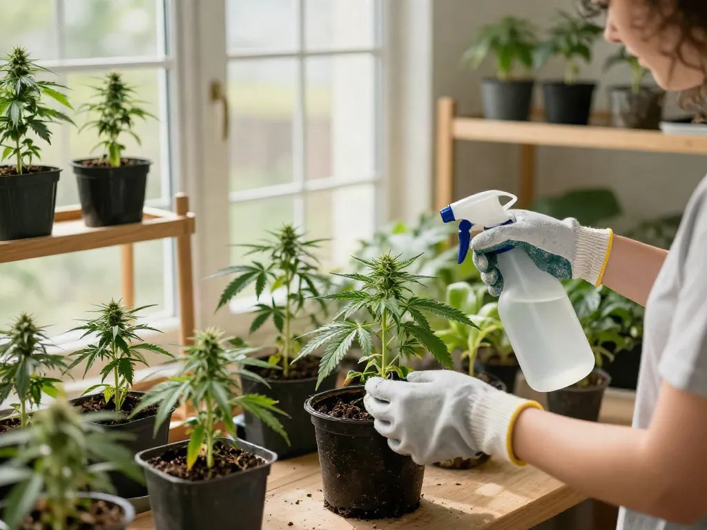 Caring for automatic cannabis seeds in a bright indoor garden with various strains.