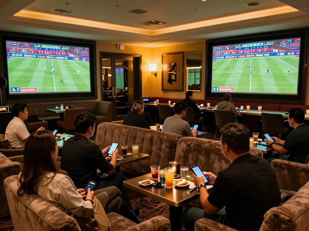 Patrons engaged in thrilling sports betting at a vibrant lounge, showcasing keonhacai excitement.