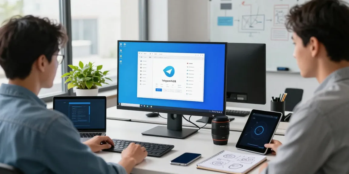 Workspace featuring Telegram中文版 app on monitor, modern office ambiance.