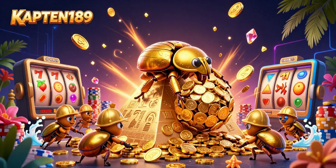 KAPTEN189 menawarkan keseruan bermain slot online dengan simbol keberuntungan dan tumpukan koin emas.