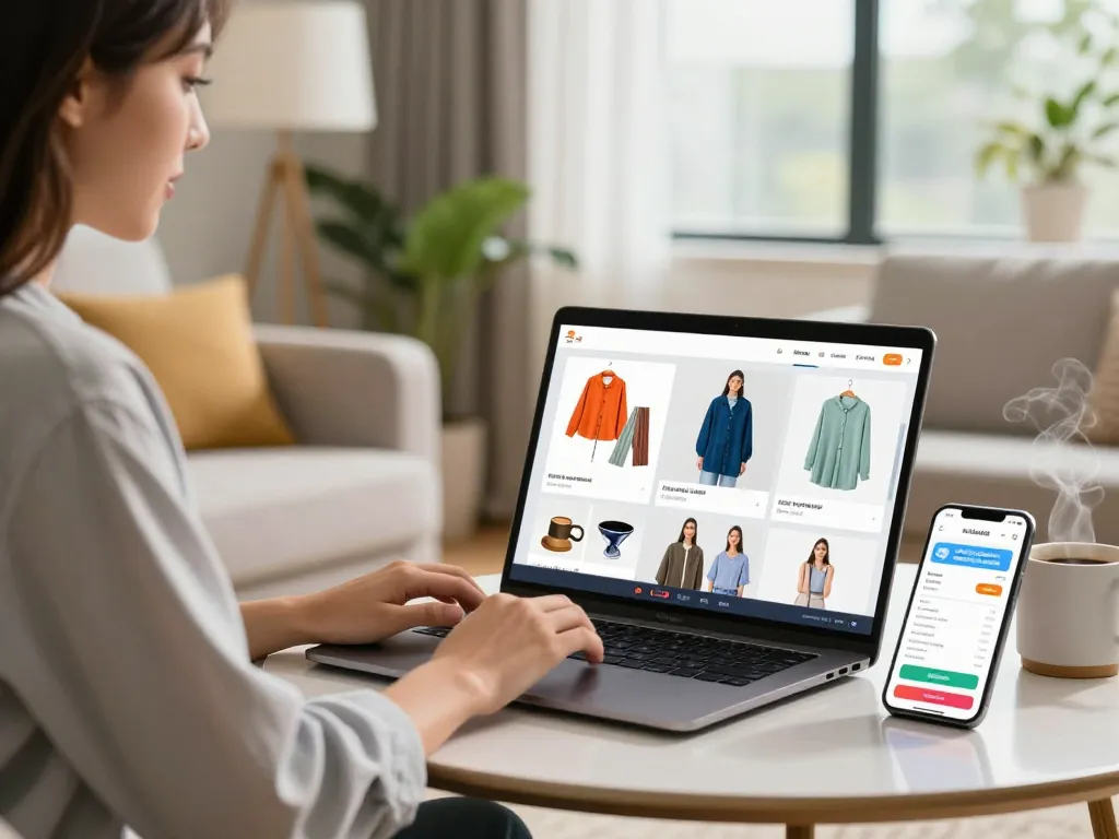 Discover Hubet88's vibrant online shopping experience featuring an engaged woman browsing products.