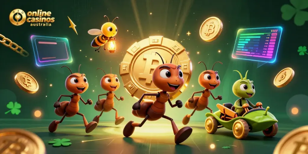 Ants pulling a giant poker chip in online casinos australia heist scene with crypto elements.