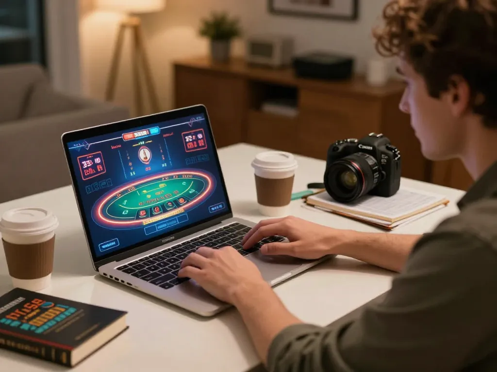 Player interacts with bj886 blackjack game on laptop, strategic atmosphere, cozy home setting