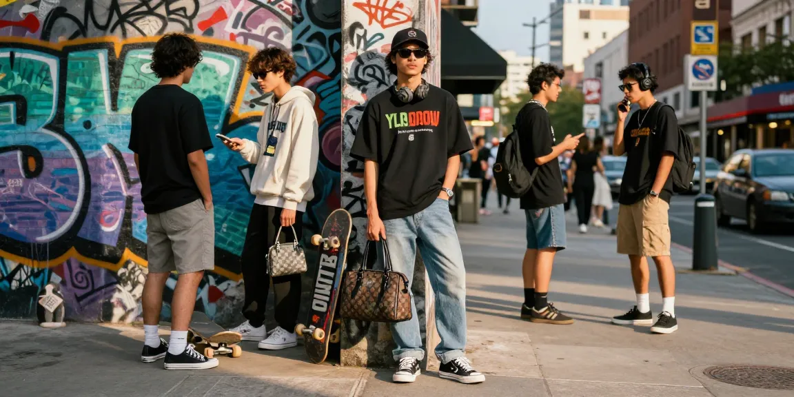 Trendy individual showcasing 레플리카 accessories in a lively urban environment.