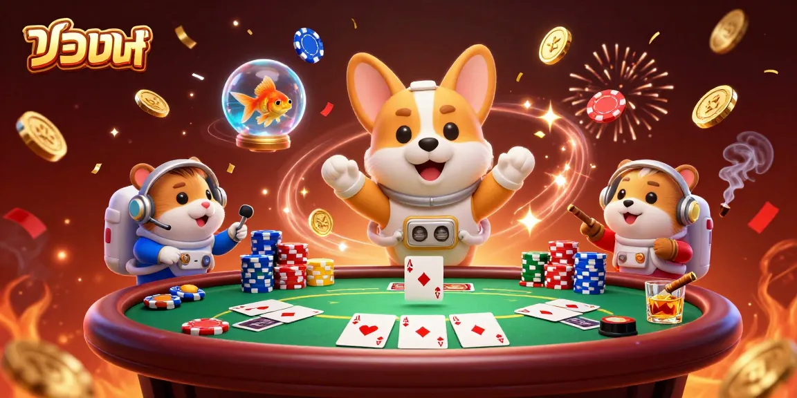 Bet on แทงบอล with a floating corgi astronaut in a lively casino scene.