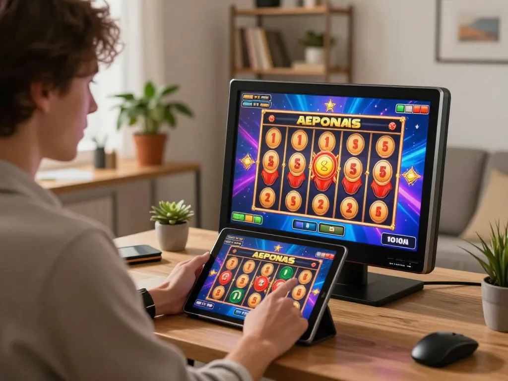 Player experiencing a thrilling slot bonus while engaging on a tablet in a cozy home office setting