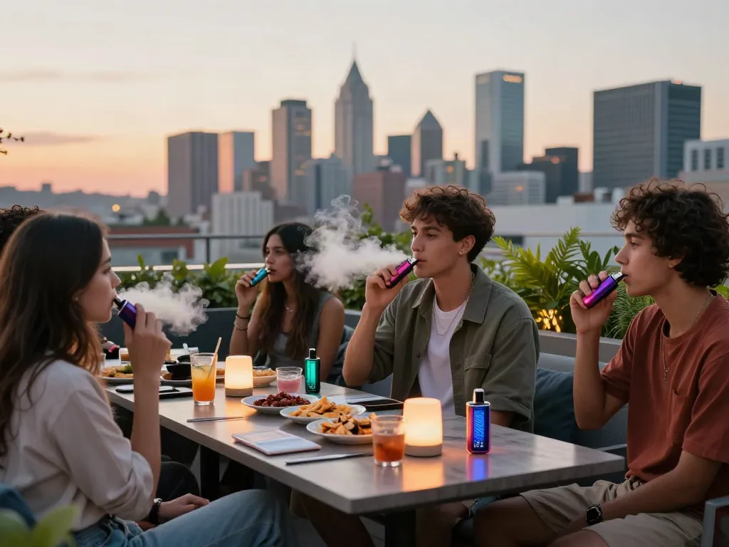 Group enjoying Hitz infinity Gen 7 vapes at a rooftop lounge during sunset.