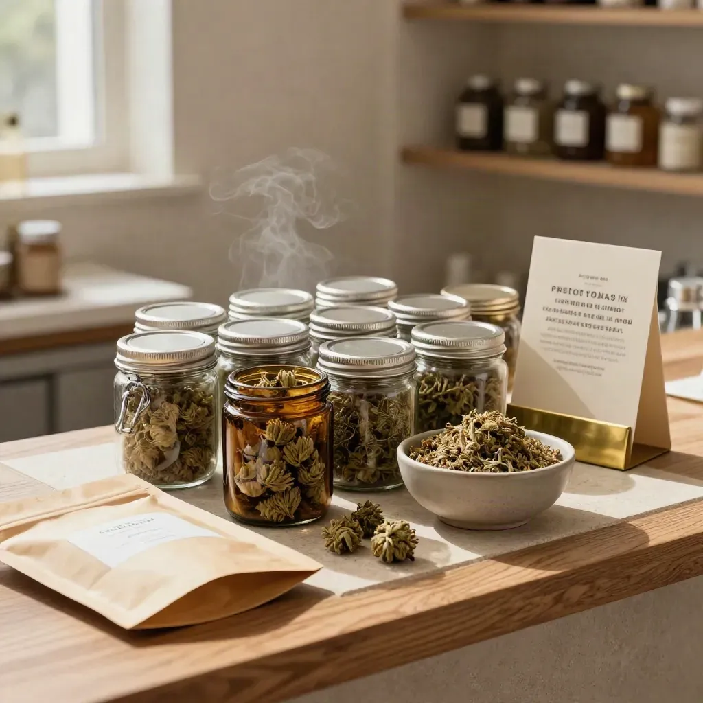 Open flower jars, pouch and bud bowl on a warm stone counter in soft window haze