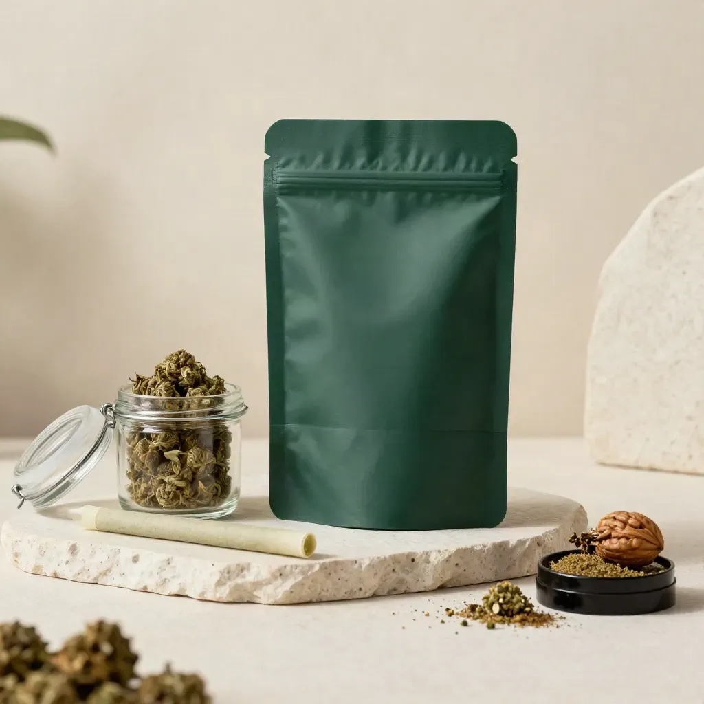 Blue Dream flower pouch with jar, grinder, pre-roll tube, and buds on pale stone in soft studio light