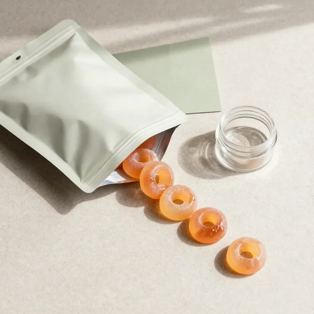 Overhead flatlay of an open gummy pouch, ring gummies, and clear jar on pale stone.