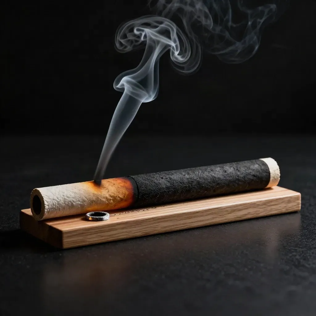Side-on pre-roll on a cedar tray with smoke curl, ash ring and cool studio rim light.