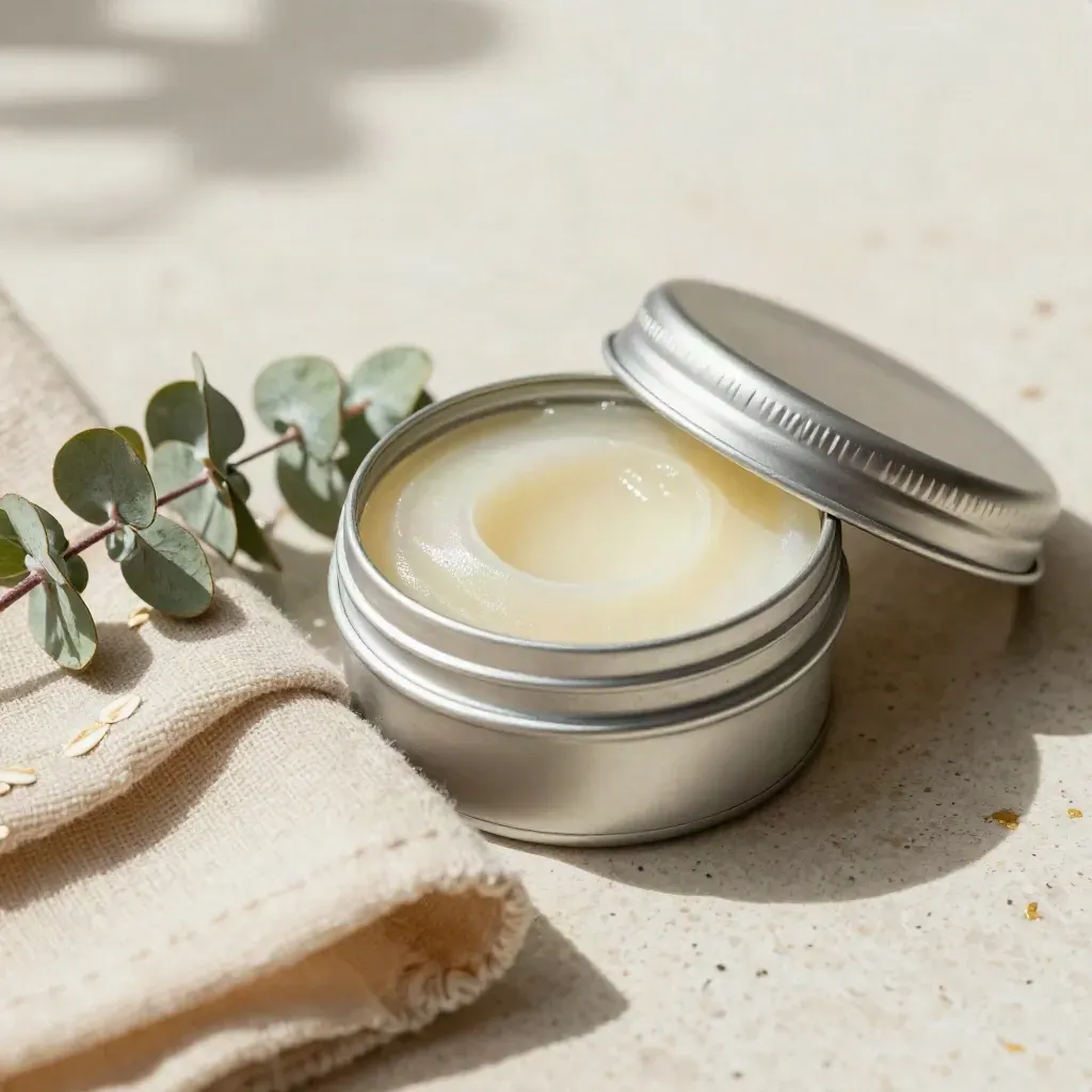 Open CBD balm tin with linen and eucalyptus on pale stone, softly lit.