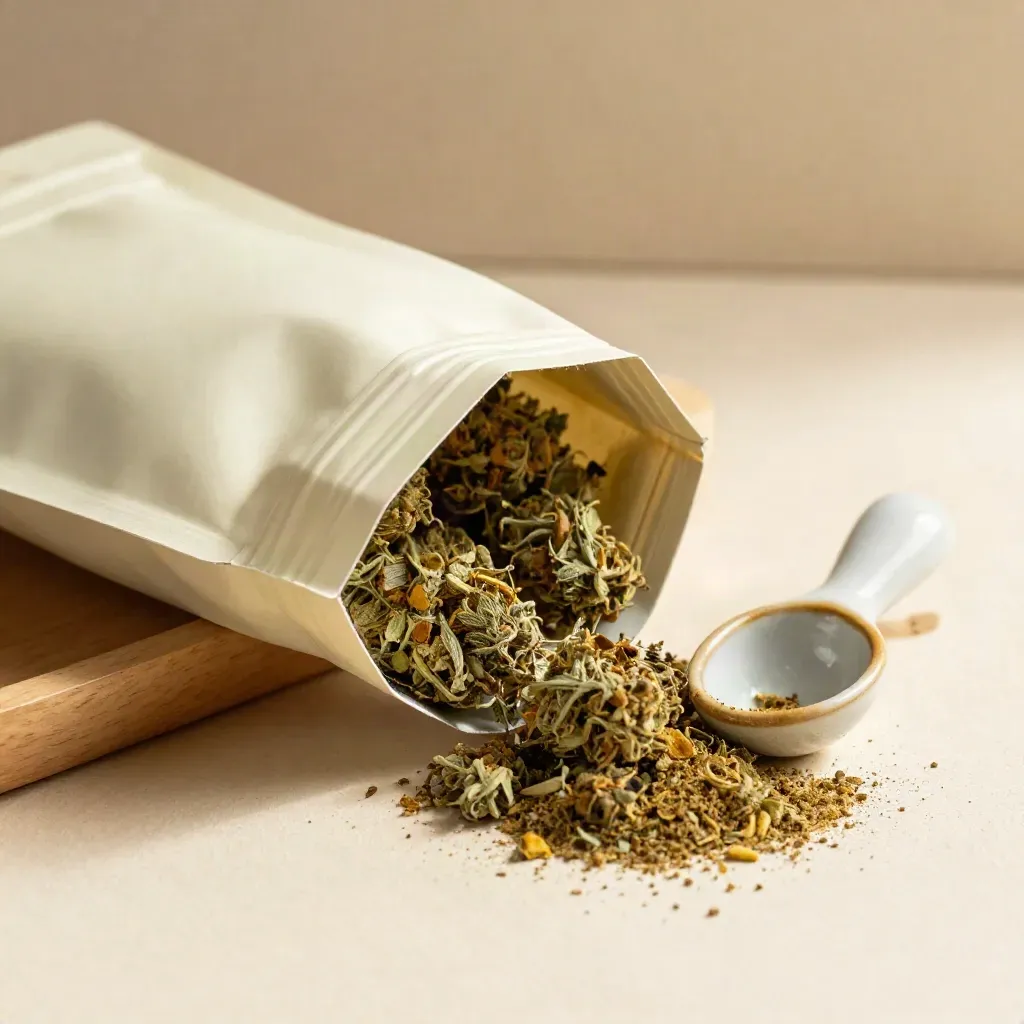 Open flower pouch, buds, scoop and tray in bright cream-toned macro detail.