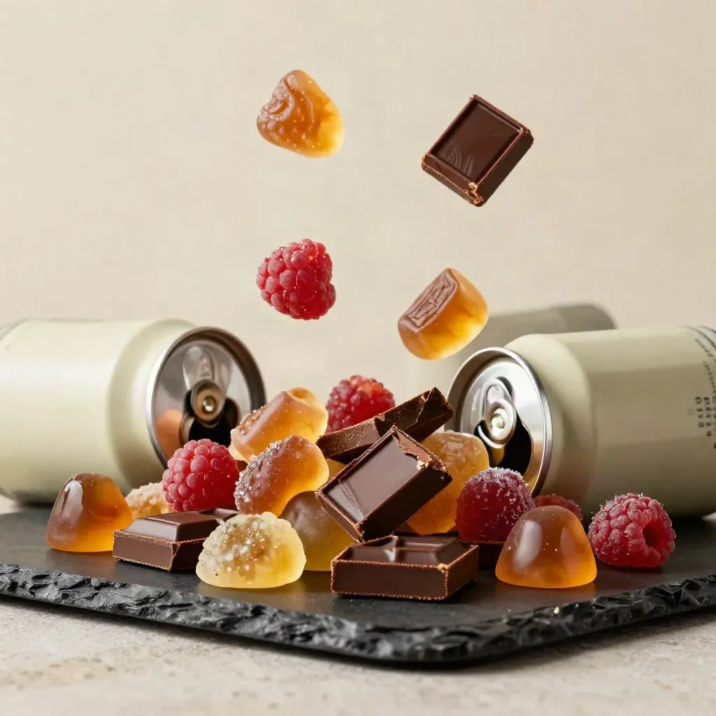 Edible gummies, chocolate squares, and slim drink cans in a dramatic scattered product shot.