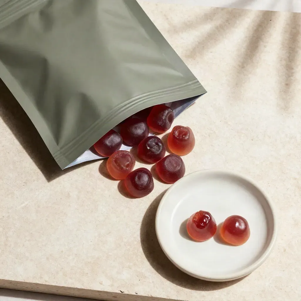 Overhead flatlay of open berry chew gummies pouch, gummies in arc, and a small ceramic dish
