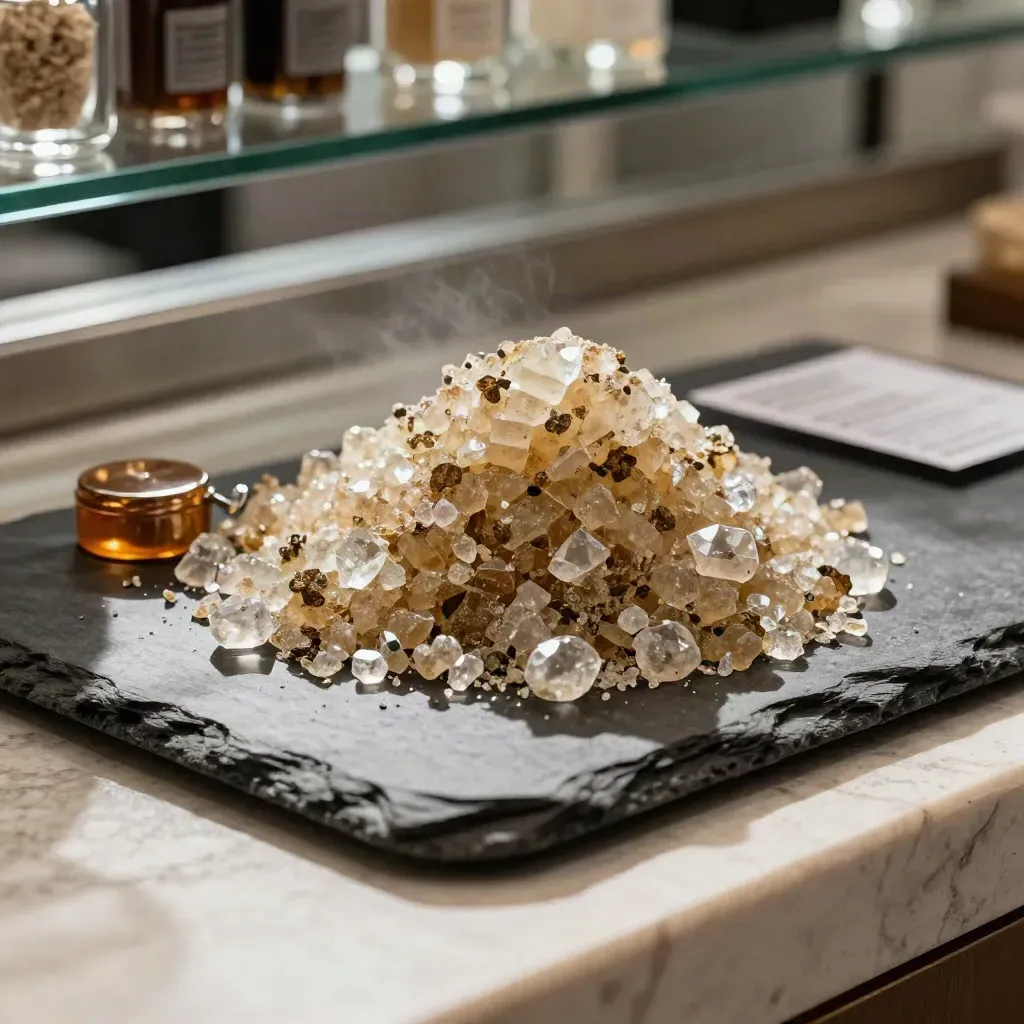 Diamond concentrate crystals on a slate dish with a tiny scoop in a calm dispensary setting.