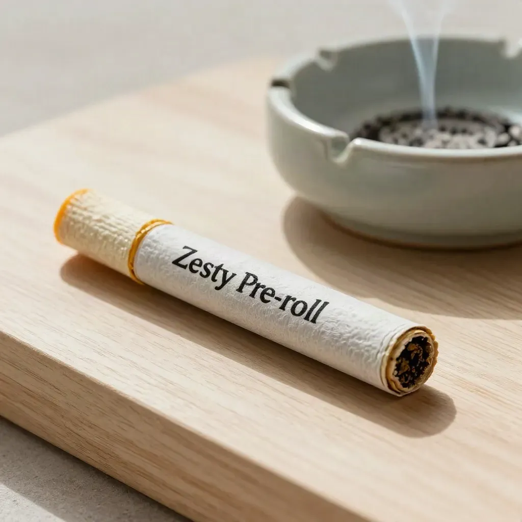 Macro side view of a zesty pre-roll with citrus peel curl on pale wood and ash dish.