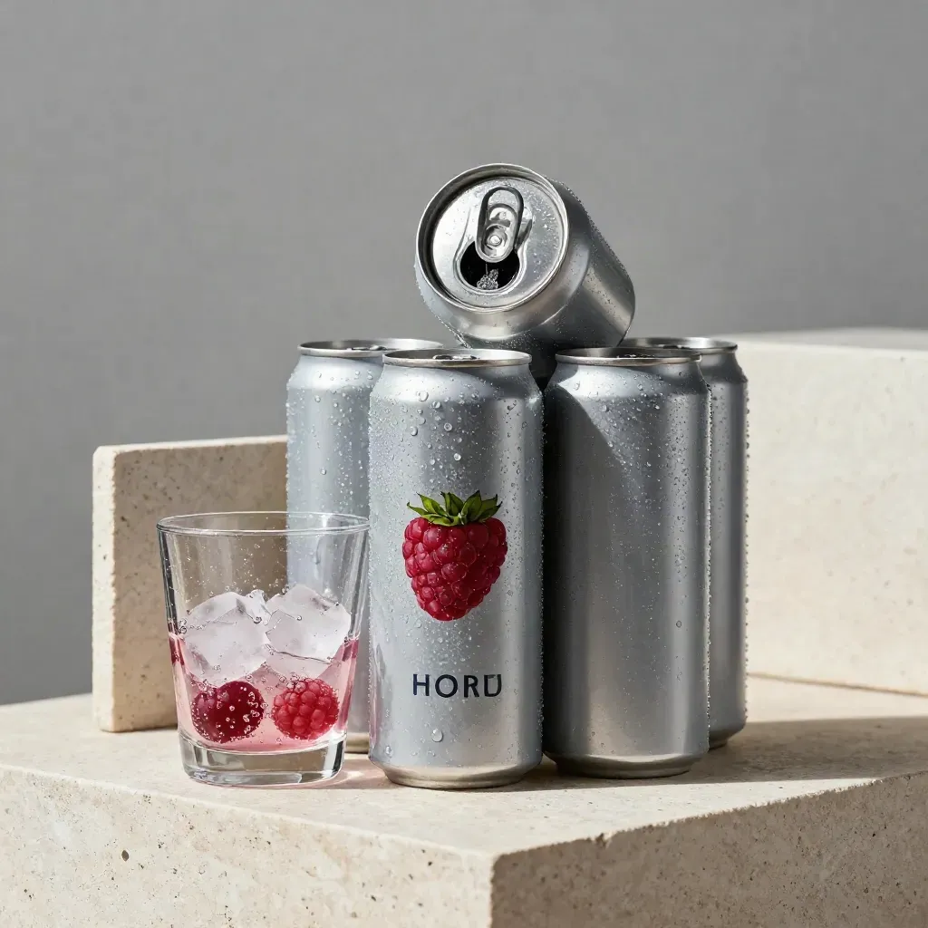 Four iced raspberry soda cans with fizz in a glass, shot low on pale stone