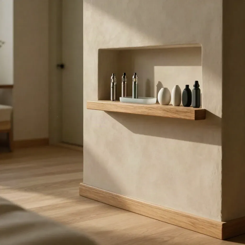 Sunlit plaster vape alcove with oak trim, cartridge display, and calm open floor.