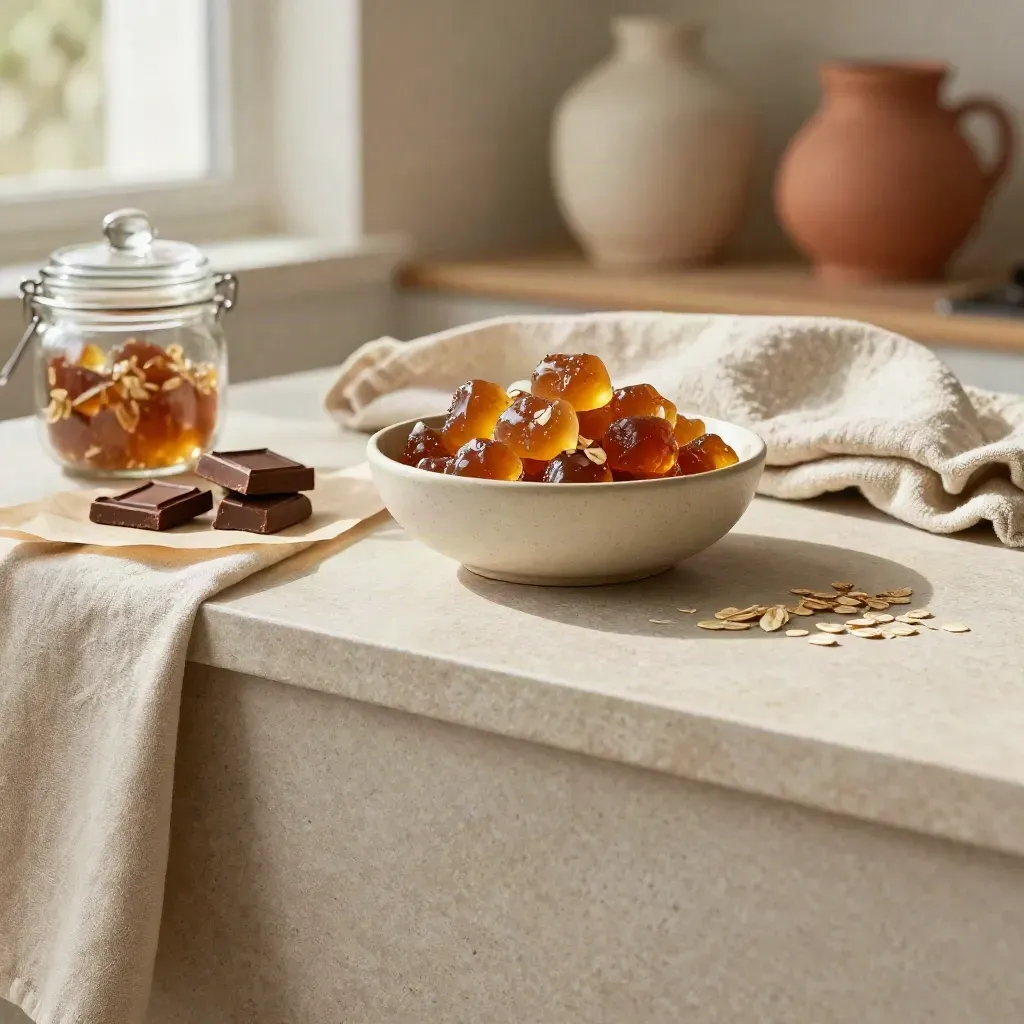 Sunlit edibles vignette with gummies, chocolate squares, stone counter, and cream ceramic bowl.