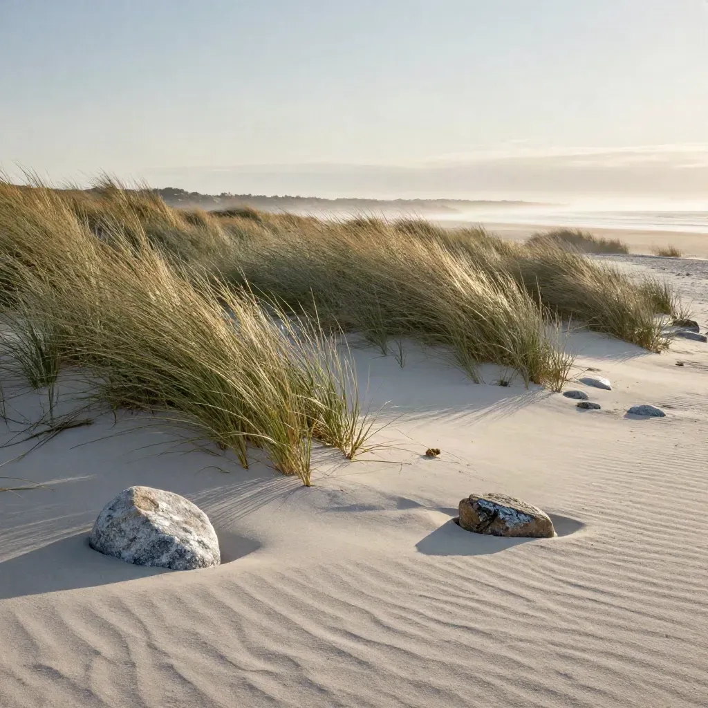 Coastal dune grass and salt-washed stone beside a misty shoreline at dawn.