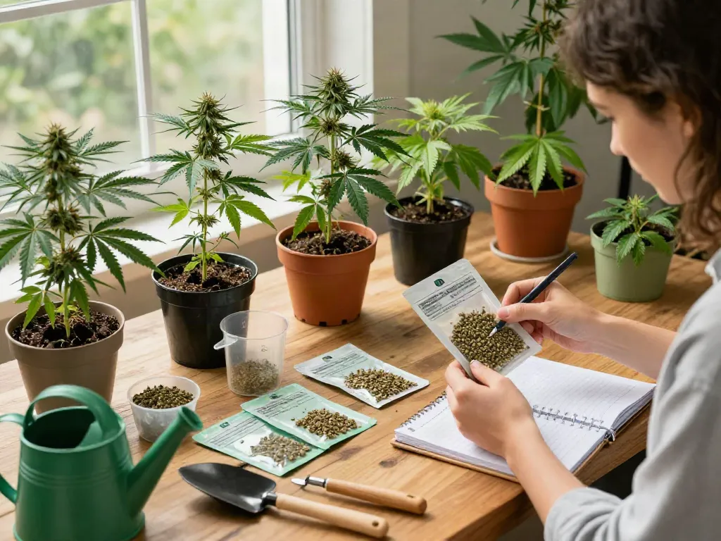 Enthusiastic grower examining cannabis seed options amidst vibrant indoor plants.
