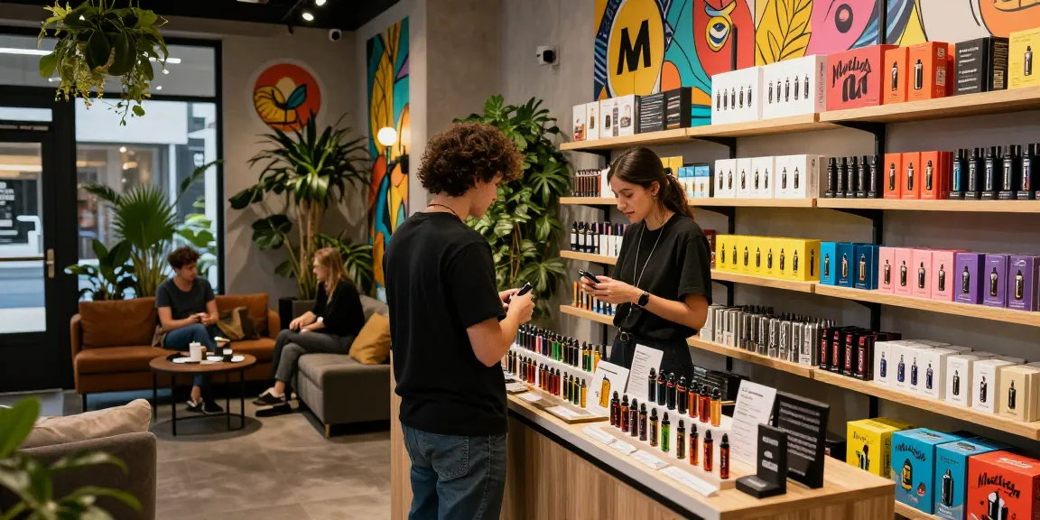 Exploring Muha Meds products in a stylish urban vape shop