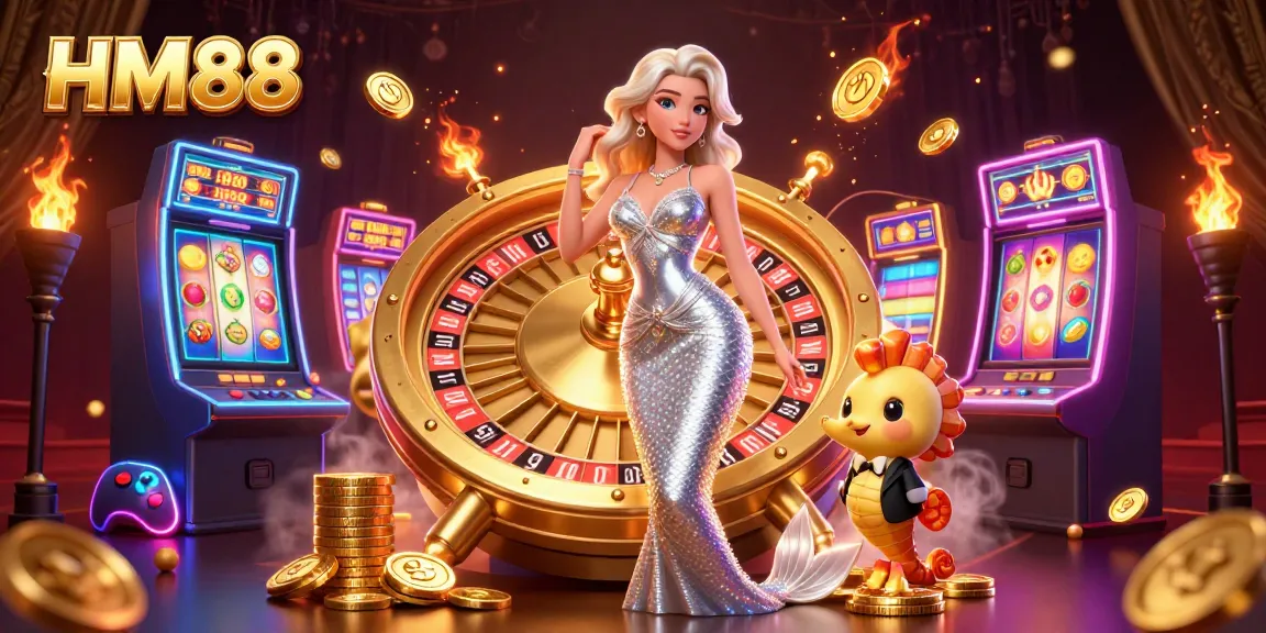 Engage with exciting games at HM88, showcasing a vibrant casino scene with a stunning mermaid and roulette.