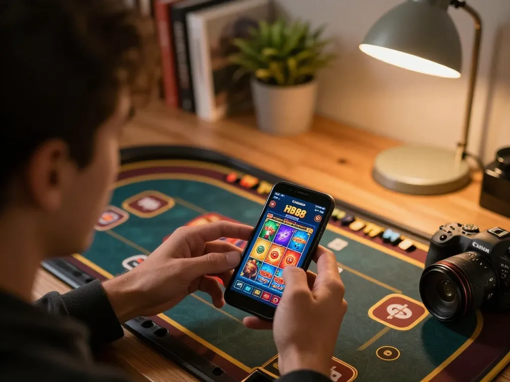 HB88 player engaging with online casino game on smartphone in a cozy home setting.