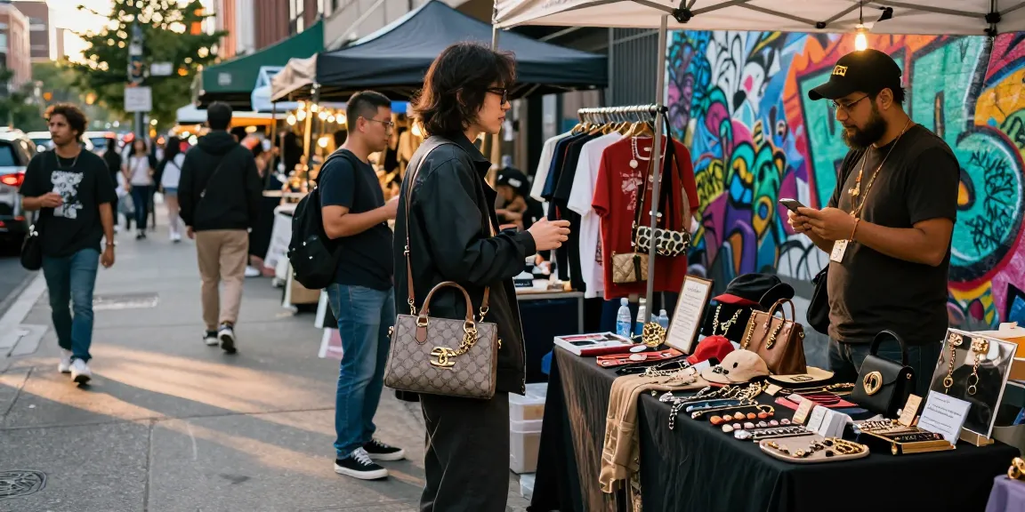 Engaging urban fashion scene at a 레플리카 쇼핑몰 showcasing stylish outfits and accessories.