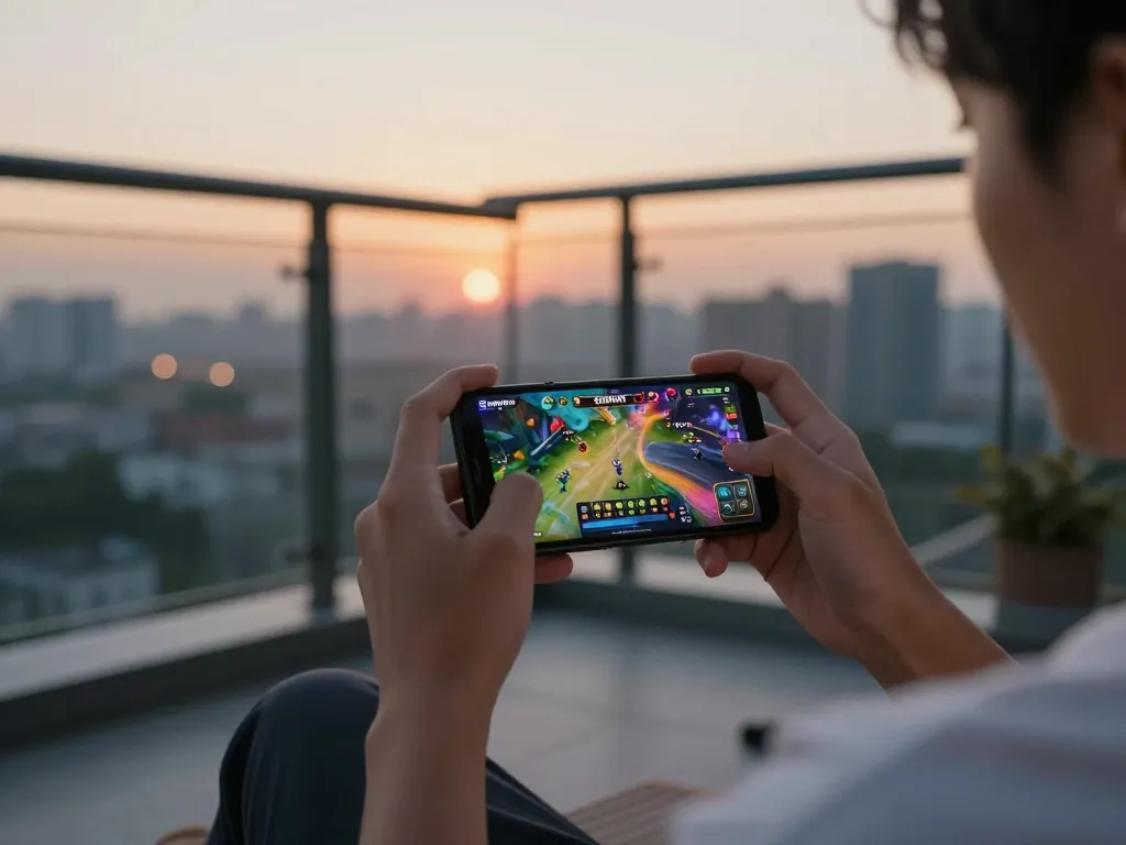 Tải Sunwin effortlessly while enjoying online gaming on a balcony at sunset, showcasing strategic play.