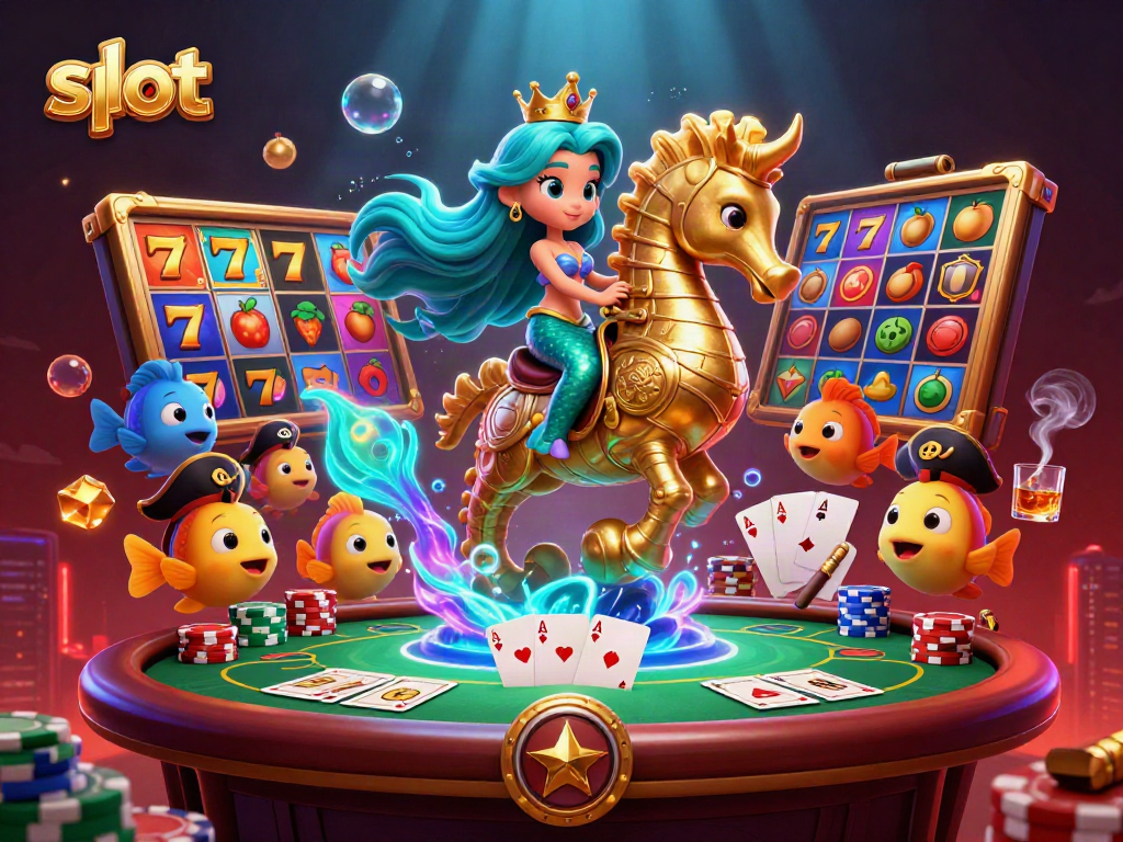 Spin the vibrant slot reels with a mermaid princess riding a seahorse under dynamic underwater scenes.
