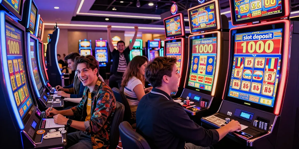 Excited player at a casino engaging with the slot deposit 1000 machine, colorful lights and chips surrounding.