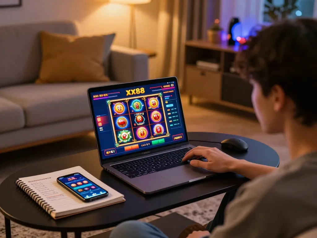 Player enjoying online gaming at xx88, showcasing vibrant games and strategic notes in a cozy home setting.