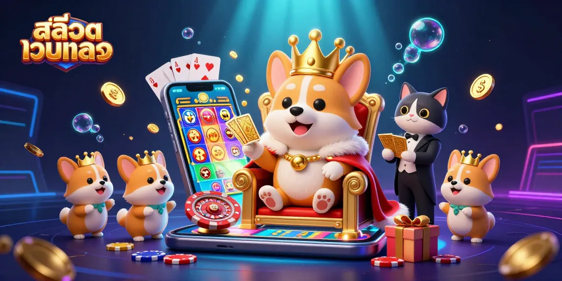 Engage with สล็อตเว็บตรง through a vibrant 3D casino scene with a royal corgi and dynamic gaming elements.