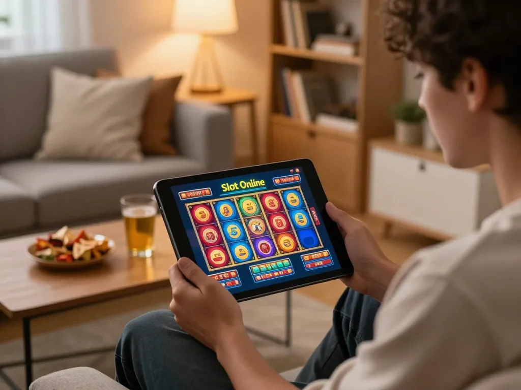 Player engaging in Slot Online gameplay on a tablet, showcasing home entertainment.