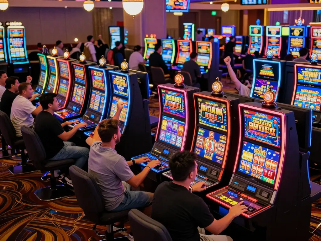 Players celebrating wins at situs slot machines in a vibrant casino atmosphere