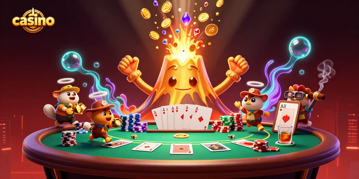 Engage with an exciting casino scene featuring a golden volcano erupting treasure, poker elements, and lively characters.