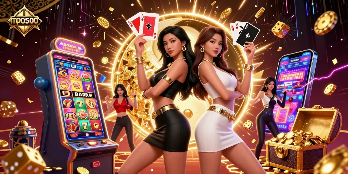 Experience thrilling gameplay at mpo500 with stunning visuals of players and winning cards amidst casino chaos.