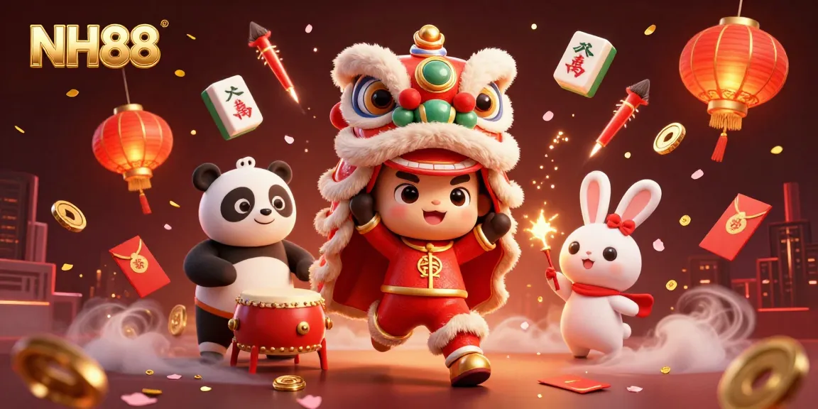 Experience NH88's dynamic gaming atmosphere with a lion dance and festive elements in vibrant 3D.