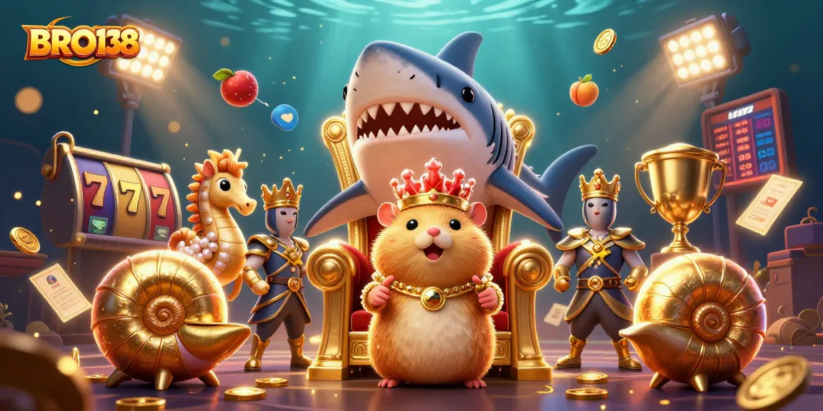 BRO138 offers a vibrant gaming experience featuring a golden hamster king amid slot reels and dynamic casino elements.