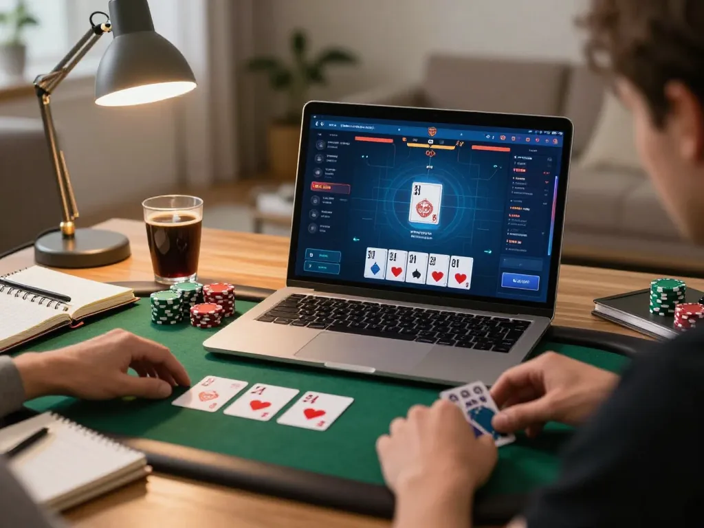 888NEW player focusing on online poker strategy at home with cards on the screen.