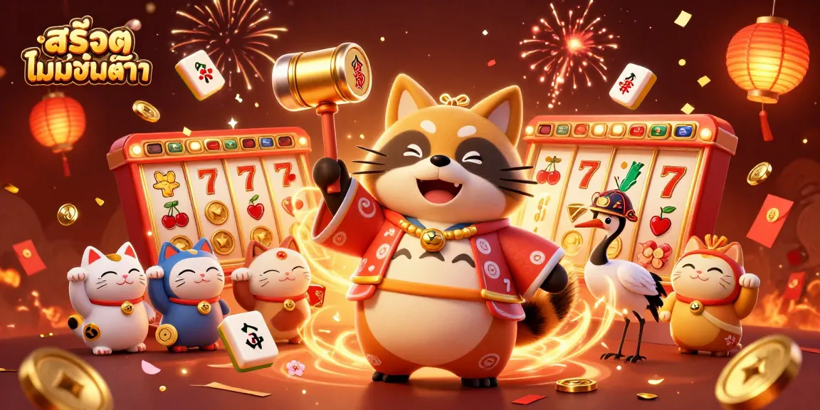 Play สล็อตไม่มีขั้นต่ำ with joyful characters and dynamic slot elements in a festive scene.