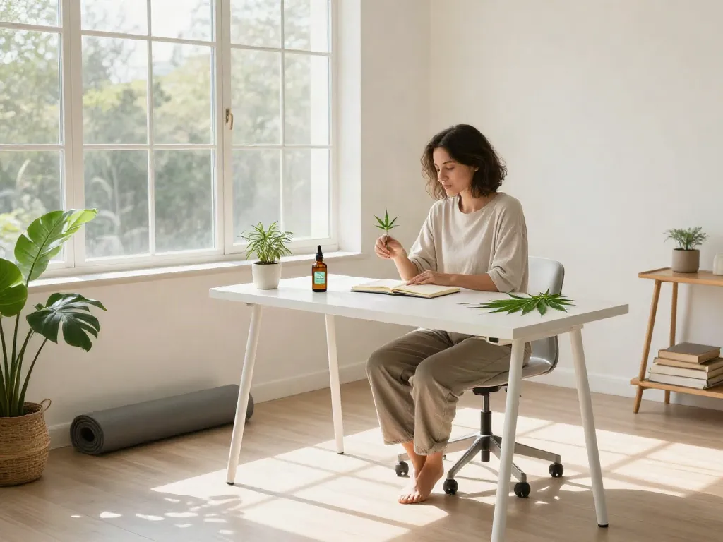 Online dispensary that ships to all states featuring serene wellness scene with CBD oil, hemp plants, and inviting home office atmosphere.