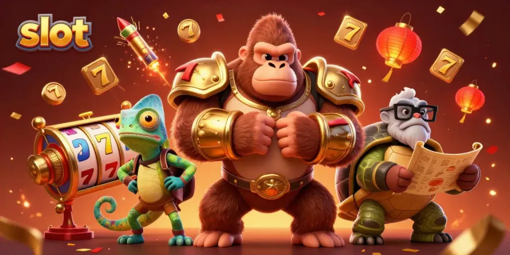 Experience thrilling slot gameplay with a gorilla king and wise tortoise in this vibrant casino illustration.
